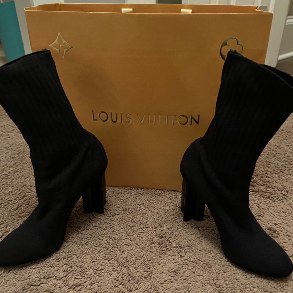 Stretch Fabric LV Black Heart Sock Ankle Boots 41 Black - Picture 4 of 5